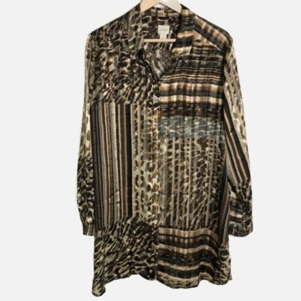 Chico's Tunic Top 3 XL Button Front Animal Print Long Sleeve Blouse Semi Sheer